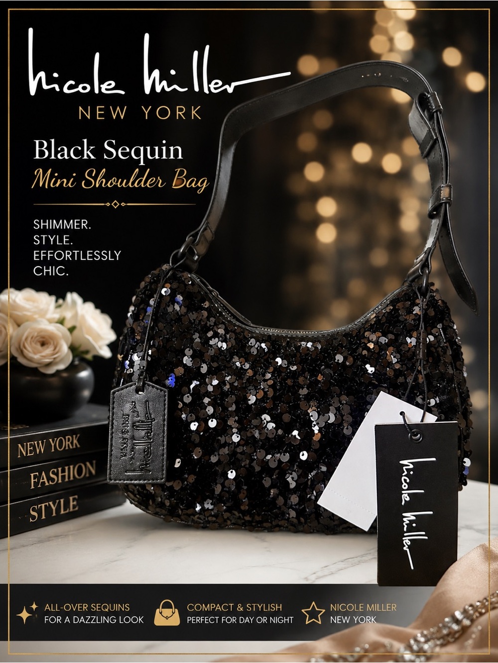 Nicole Miller Black Sequin Mini Shoulder Bag with Leather Strap